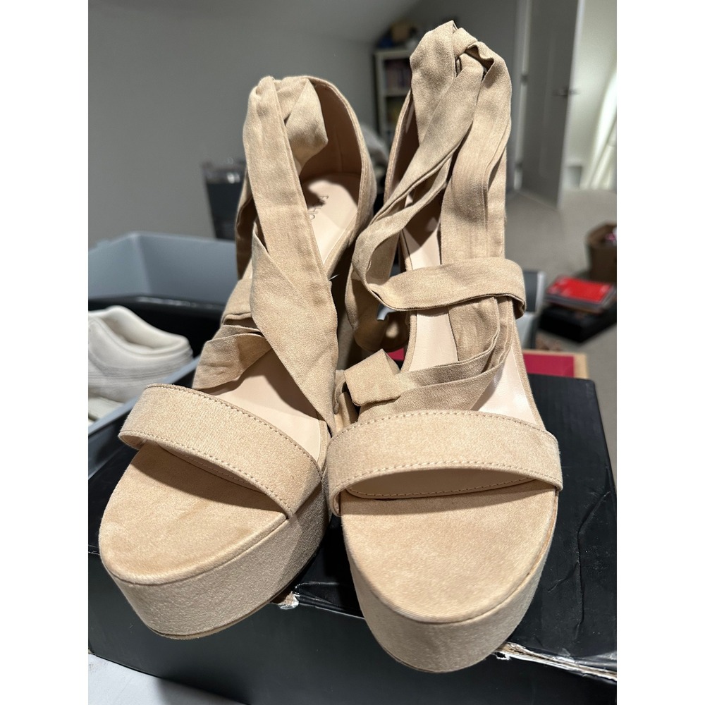 Fashion Nova Fanny-32 Nude Vegan Suede Platform Lace Up Block Heels Womens 11 - Picture 2 of 4